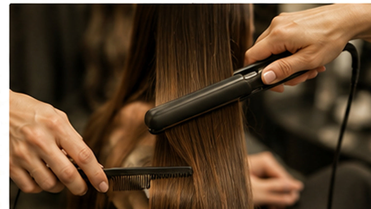Professional straightener smoothing healthy brunette hair in a salon, illustrating keratin and hair botox treatments.