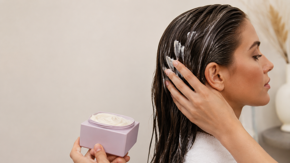Nourishing hair masque being applied through wet hair during a treatment ritual