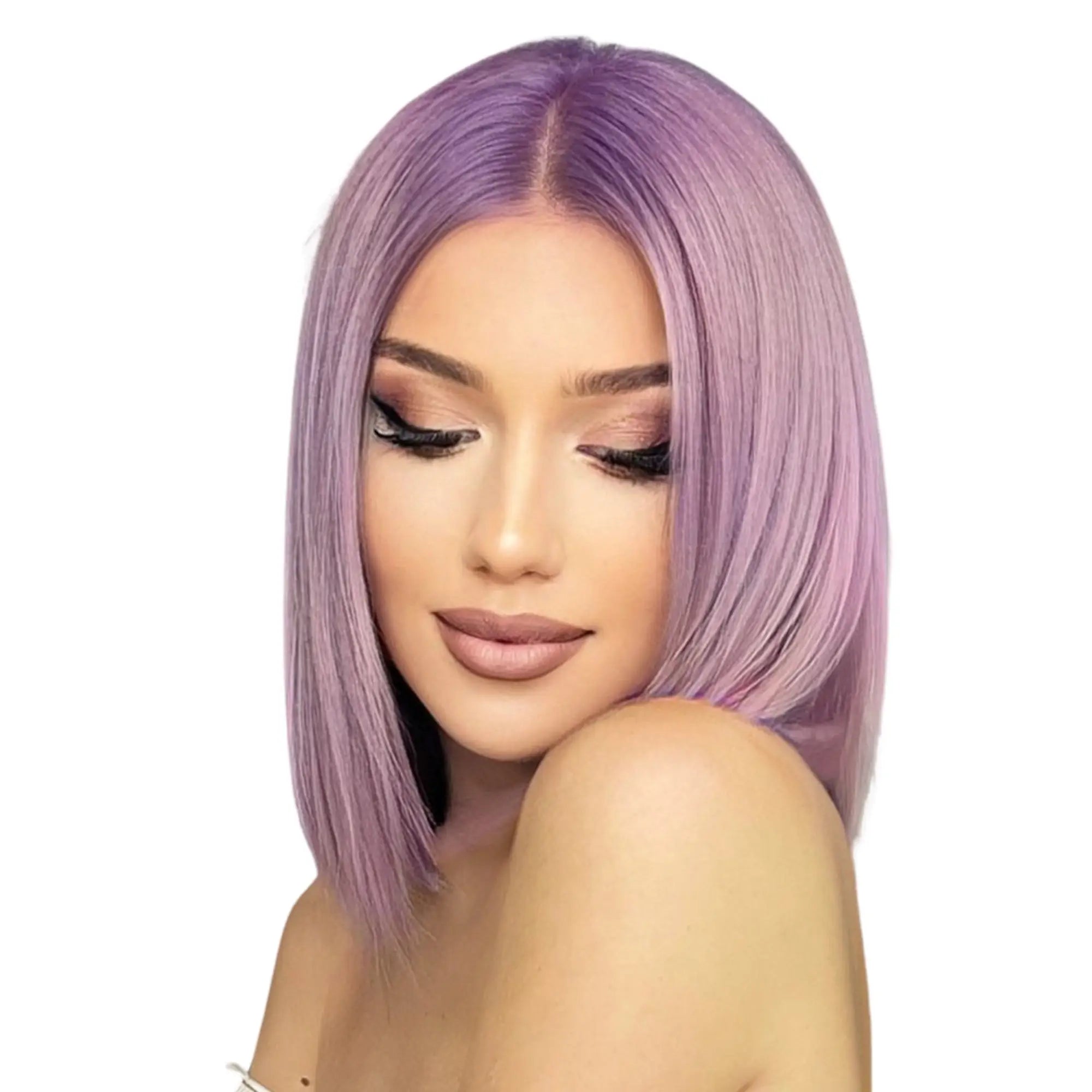 Woman with shoulder-length lavender hair and glamorous makeup showcasing vibrant hair color.