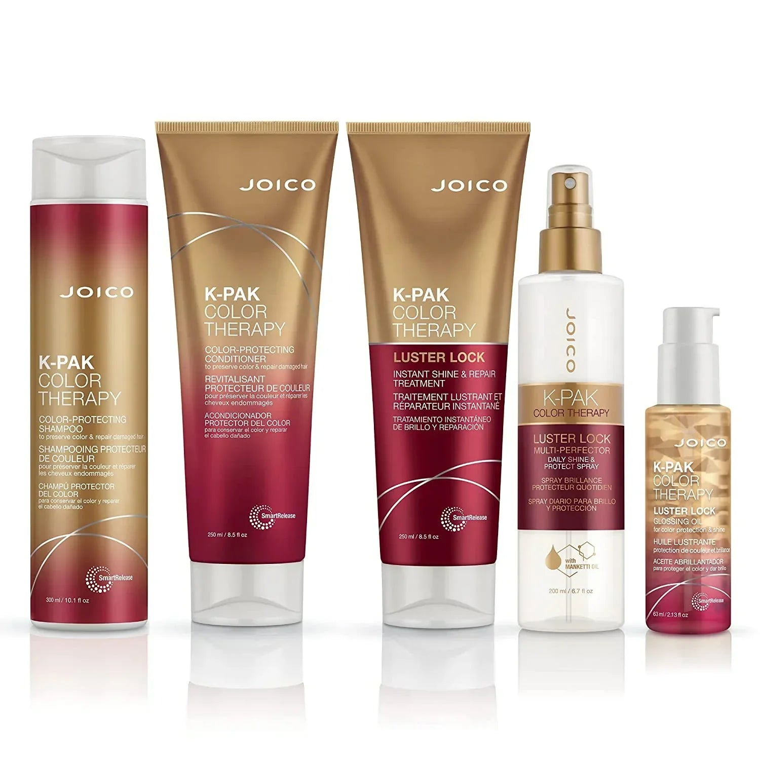 Joico K-PAK hair care products in red, gold, and white for K-PAK Color Therapy.