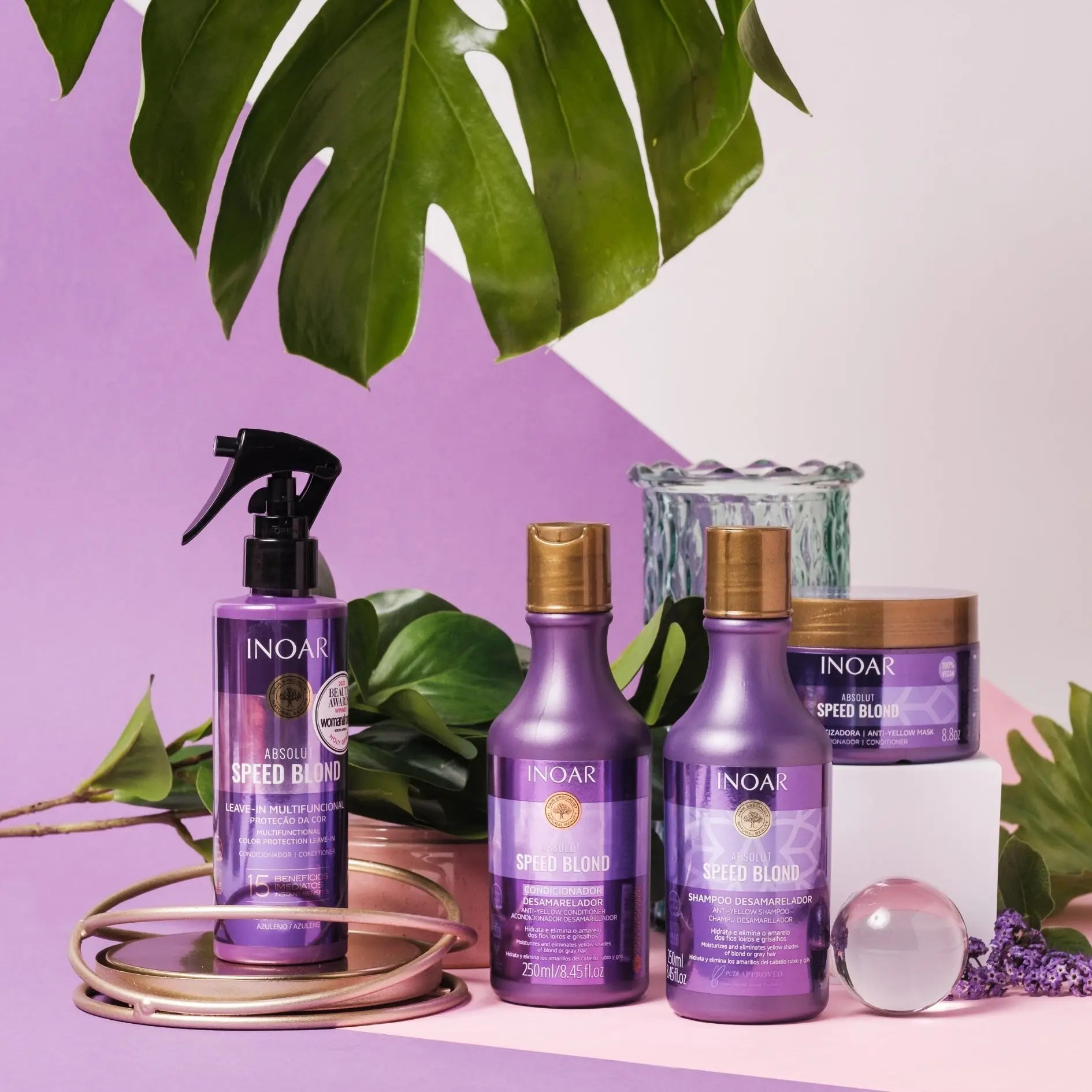 Inoar Absolut Speed collection of purple hair care for maintaining vibrant blonde hair