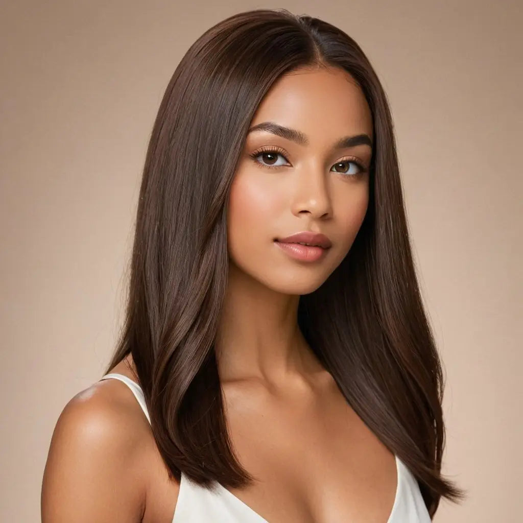 Woman with long dark hair in a white top using BHE flat iron for styling.