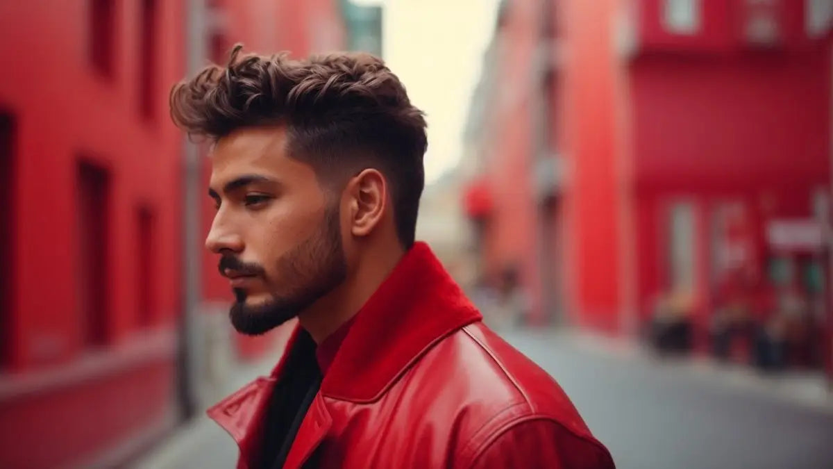 Man with a beard in a red leather jacket showcasing men’s hair styling techniques.