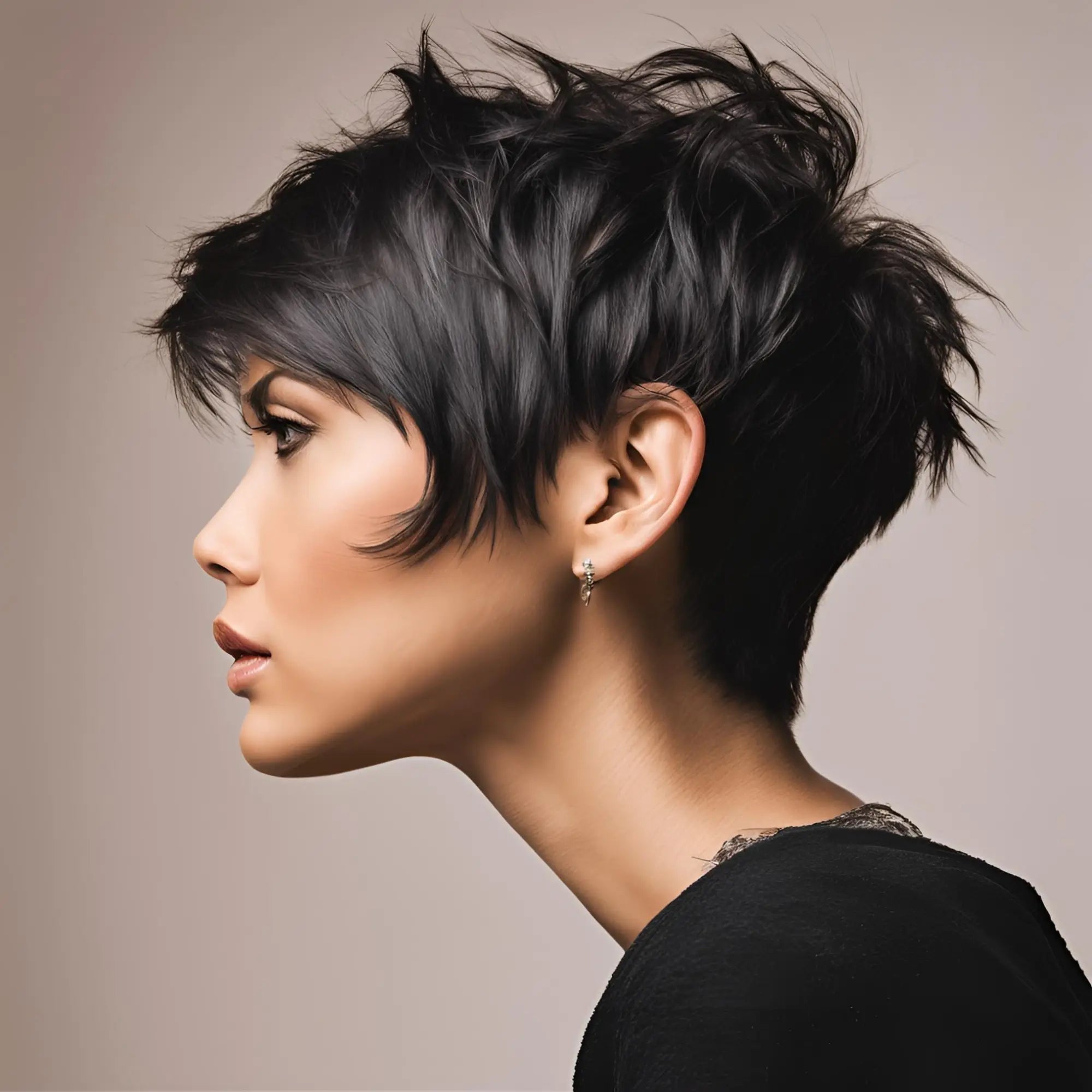 Short spiky black hairstyle in profile, showcasing a chic messy pixie look.