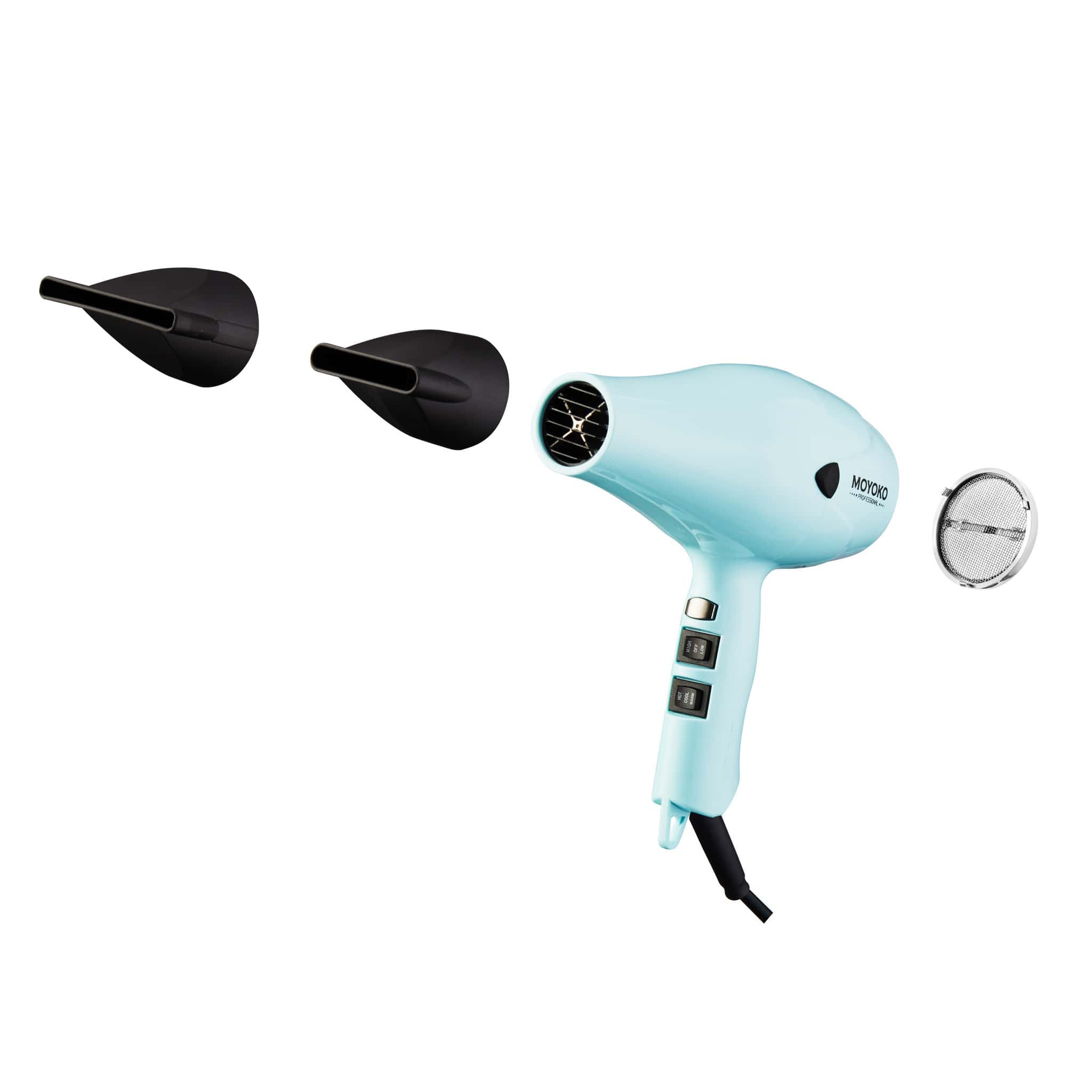 Light blue Moyoko E8 hairdryer with black attachments for salon-quality blow-dry.