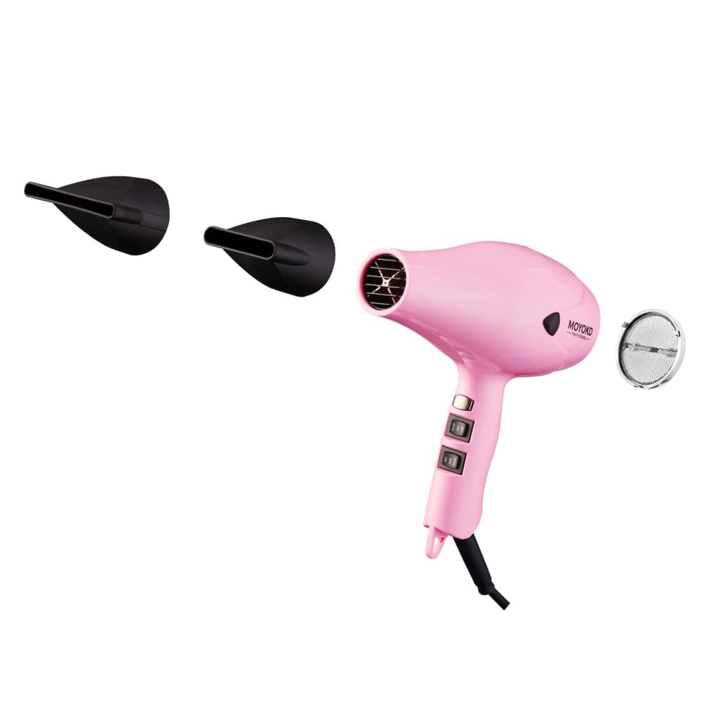 Pink Moyoko E8 Hairdryer with black attachments and diffuser for salon-quality results.