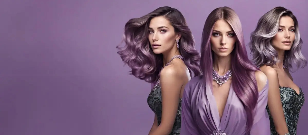 Three women with vibrant purple hair styled in glamorous waves using Muk Hair Care.