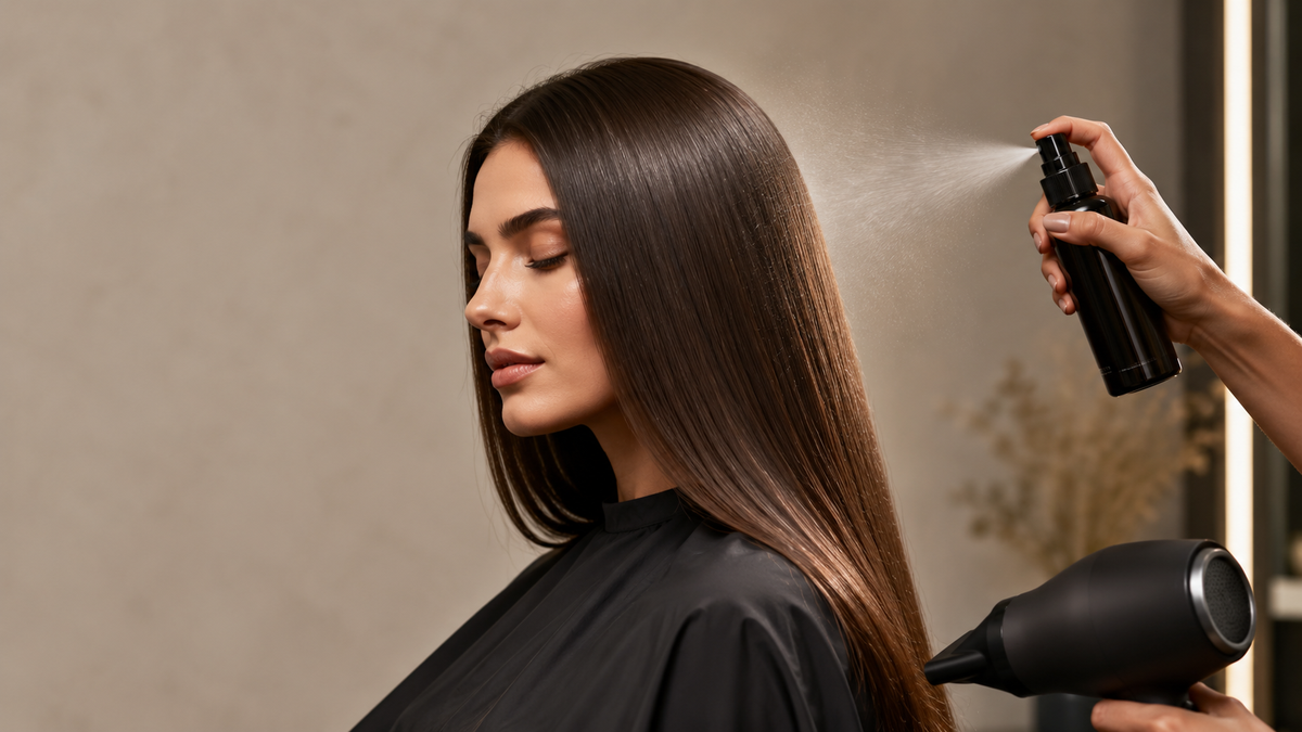 Sleek straight hair being protected with a fine mist before heat styling