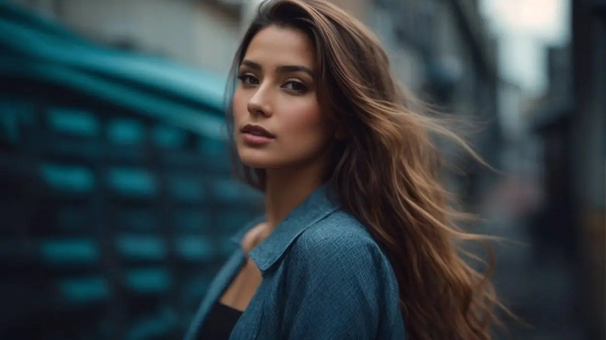 Woman with long brown hair in a blue top showcasing leave-in reparative styling tips.