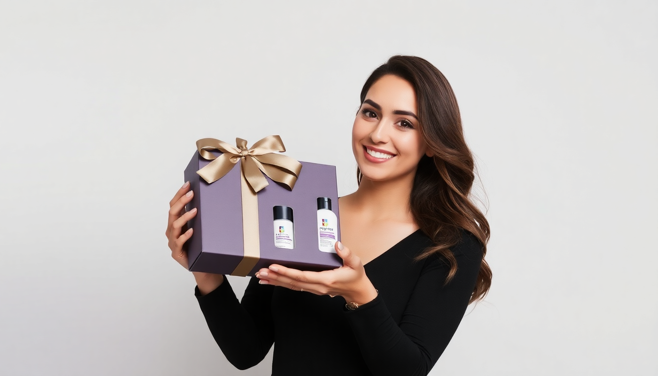 A beautiful pureology model holding a giftbox 