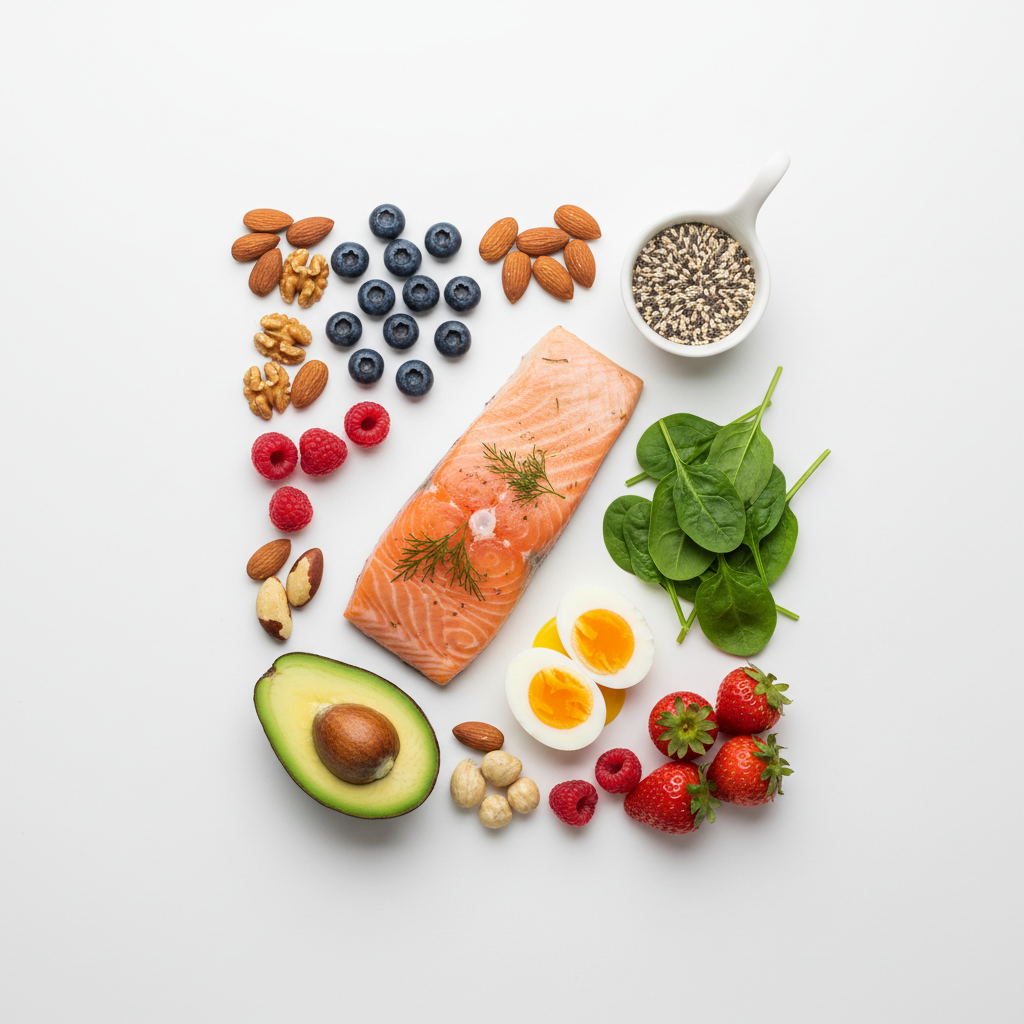 Hair-healthy foods including eggs, salmon, avocado and nuts for hair growth nutrition - Partners Hair South Africa