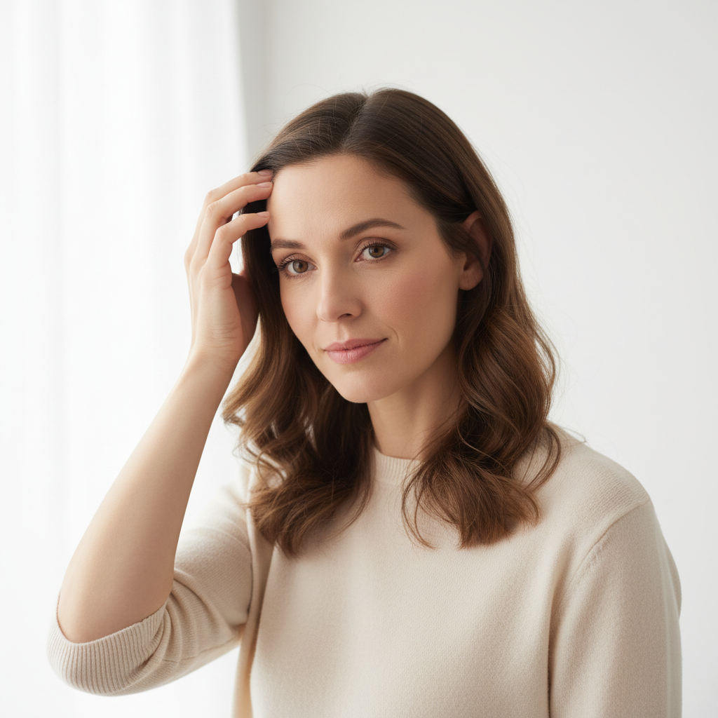 Woman with alopecia areata gently touching her hair showing signs of hair loss - Partners Hair South Africa