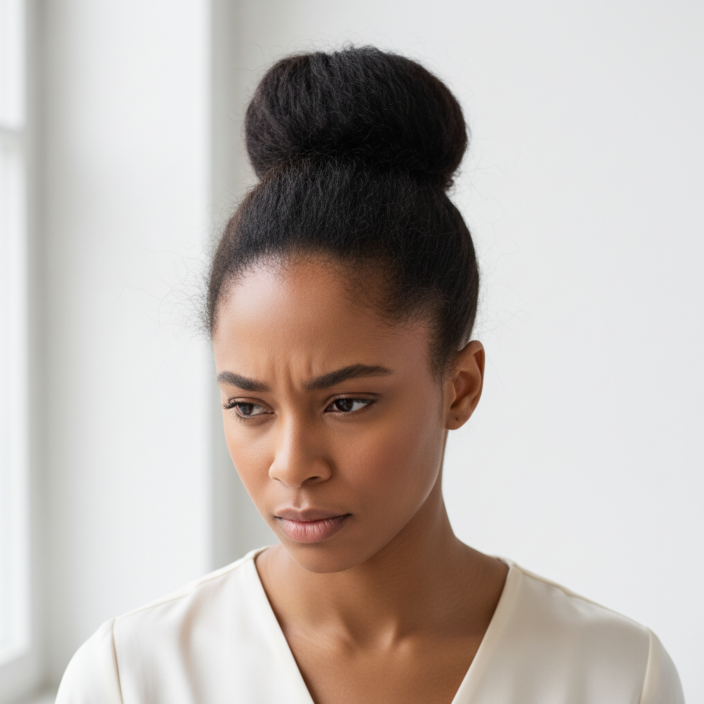 Woman with tight hairstyle experiencing traction alopecia hairline hair loss in South Africa
