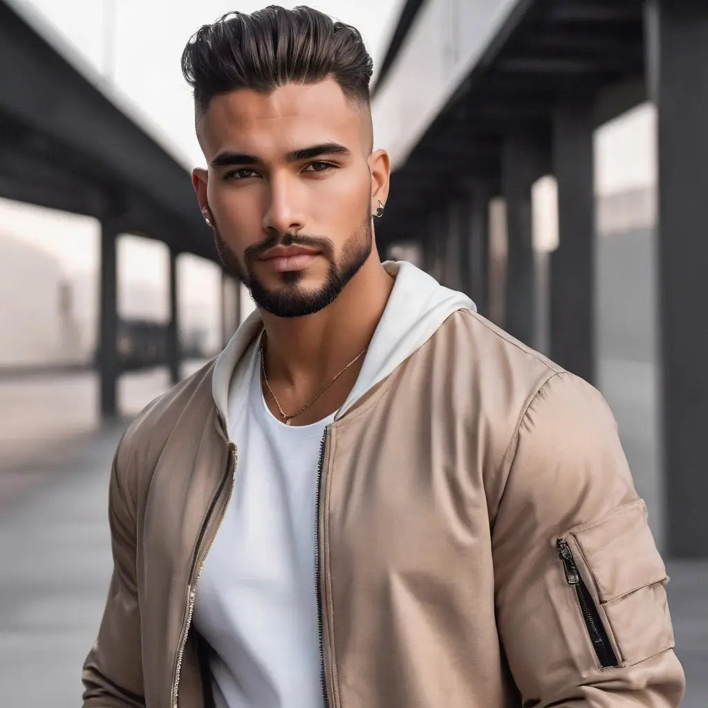 Man with styled hair and beard in beige bomber jacket promoting premium men’s grooming.