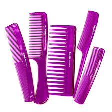 Bright purple plastic hair combs showcasing wide-toothed and fine-toothed designs for preventing breakage.