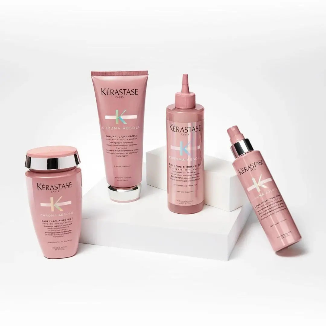 Set of pink Kérastase Chroma Absolu products for protecting color-treated hair.