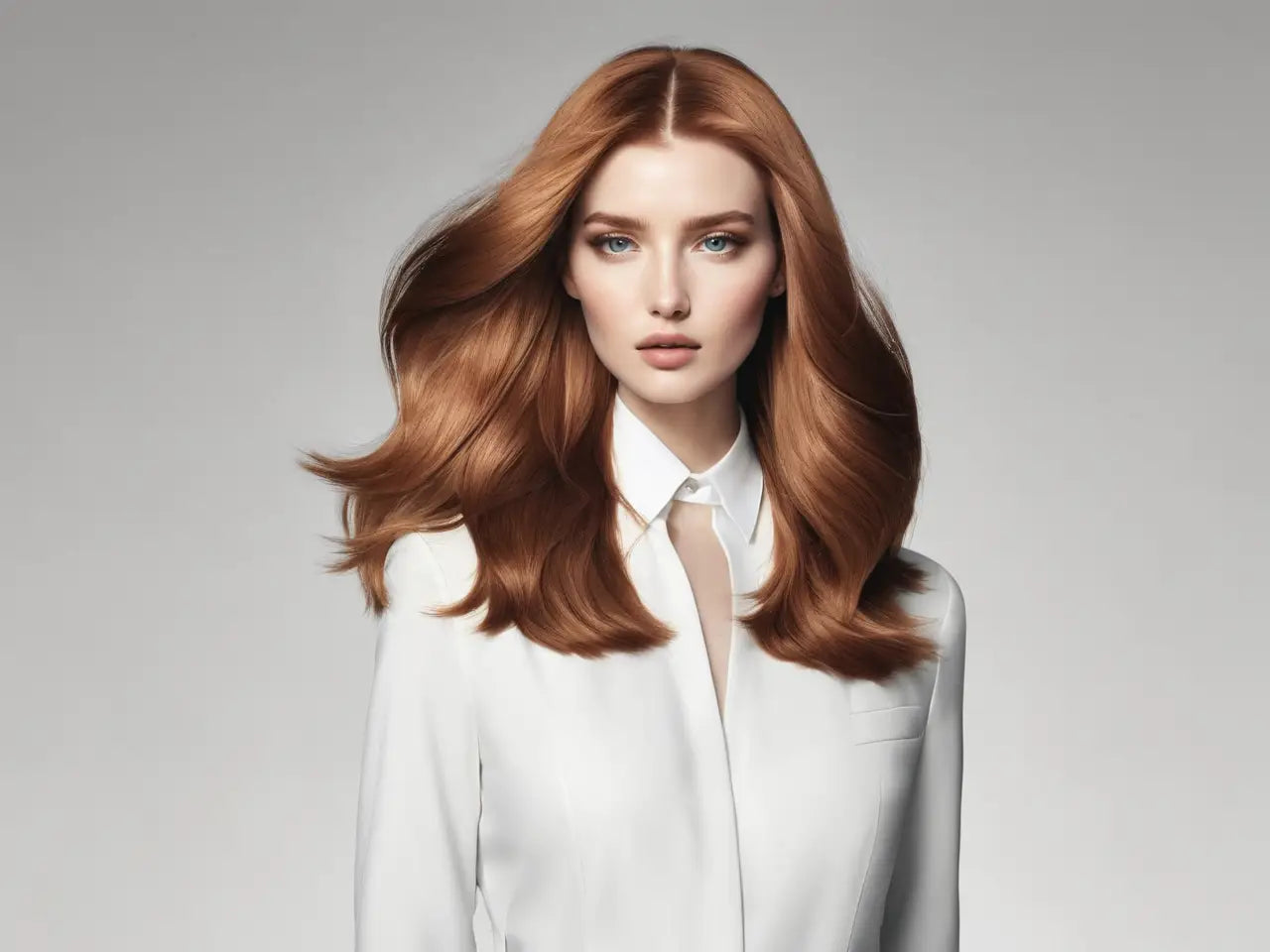 Woman with auburn hair in a white shirt showcasing Pureology Shampoo for color-treated hair.