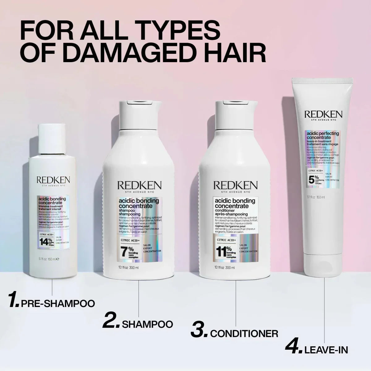 Redken Acidic Bonding haircare products for damaged hair including pre-shampoo, shampoo, and conditioner.