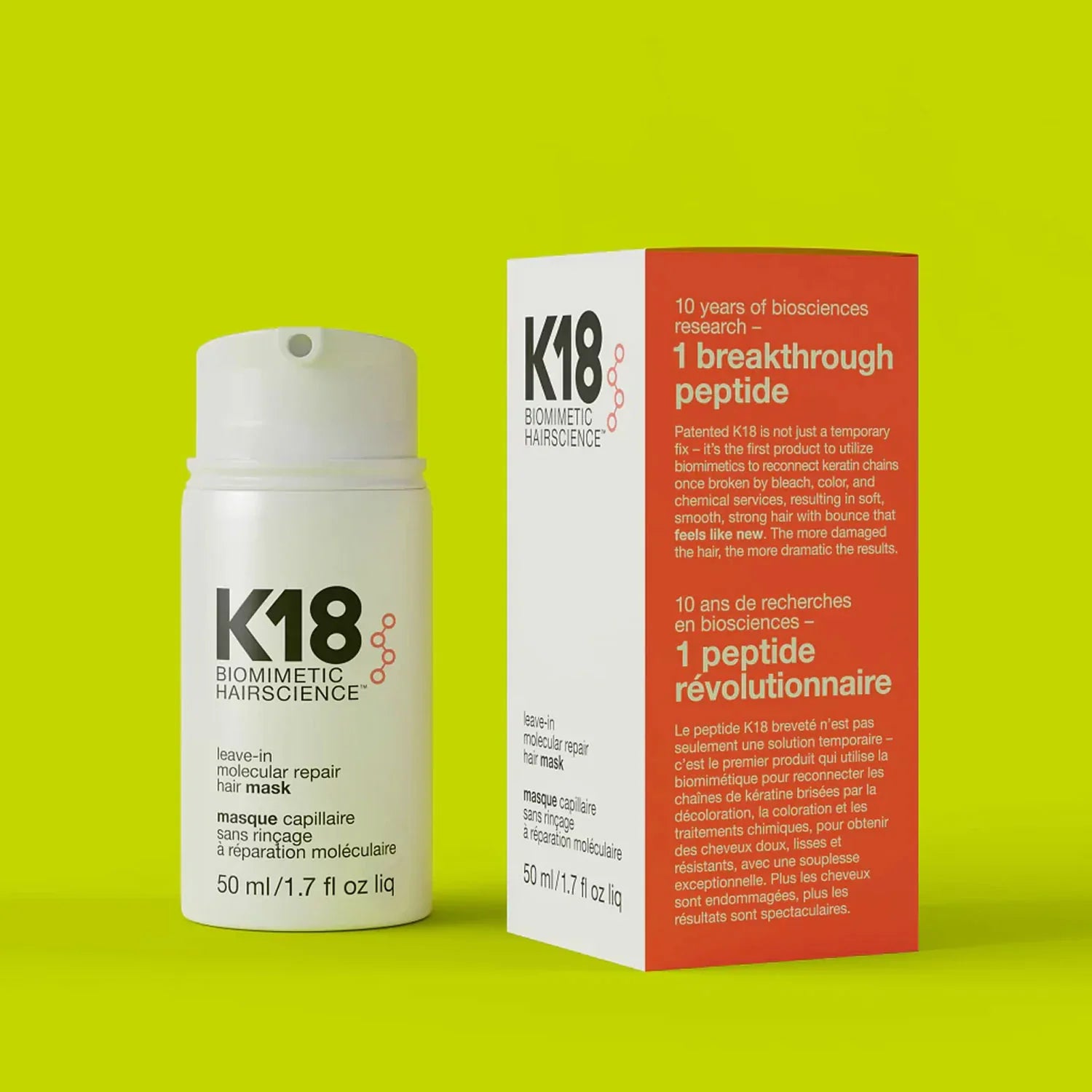 K18 Molecular Repair Treatment in a white bottle with orange packaging box.