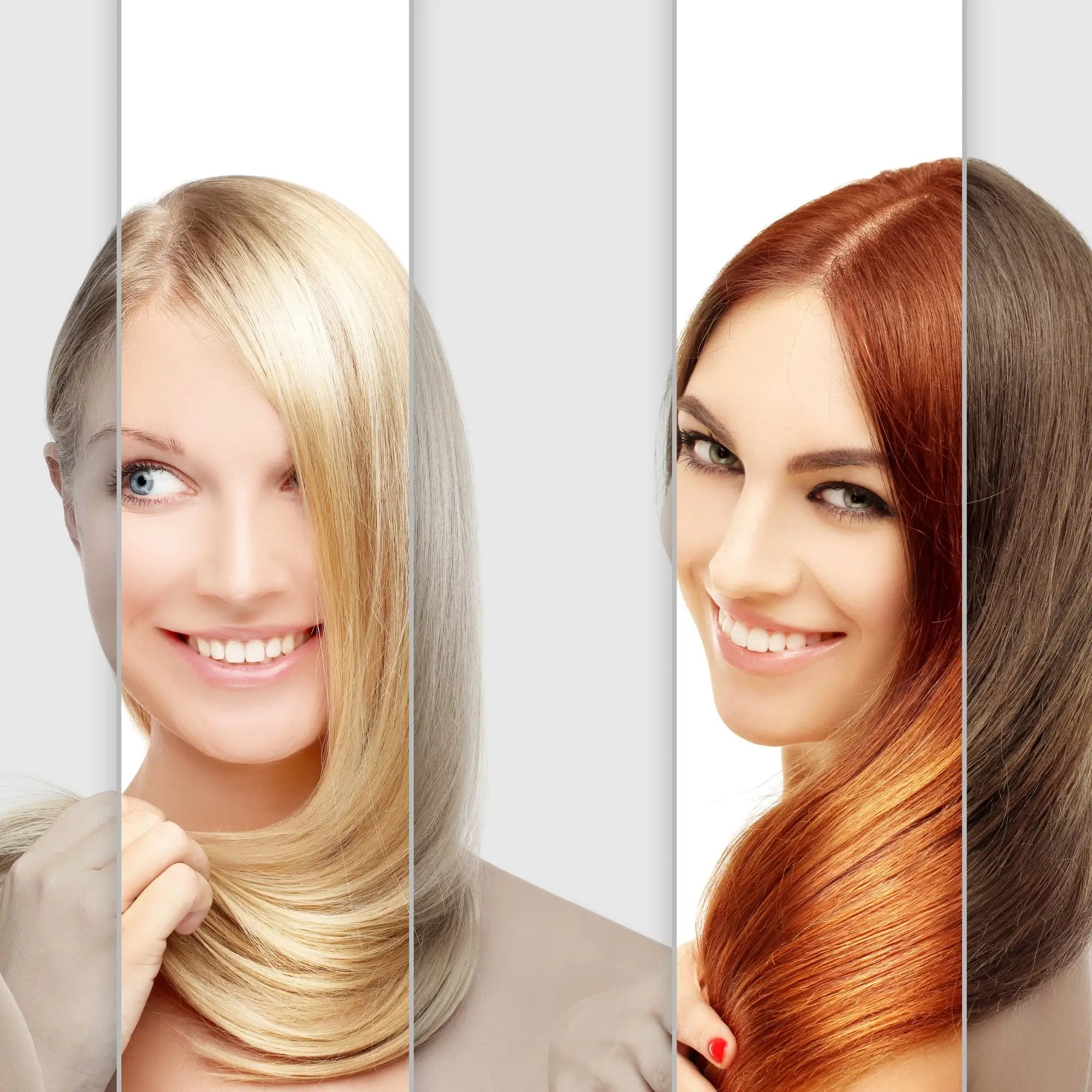 Smiling women with blonde and red hair styles showcasing color shampoo effects.