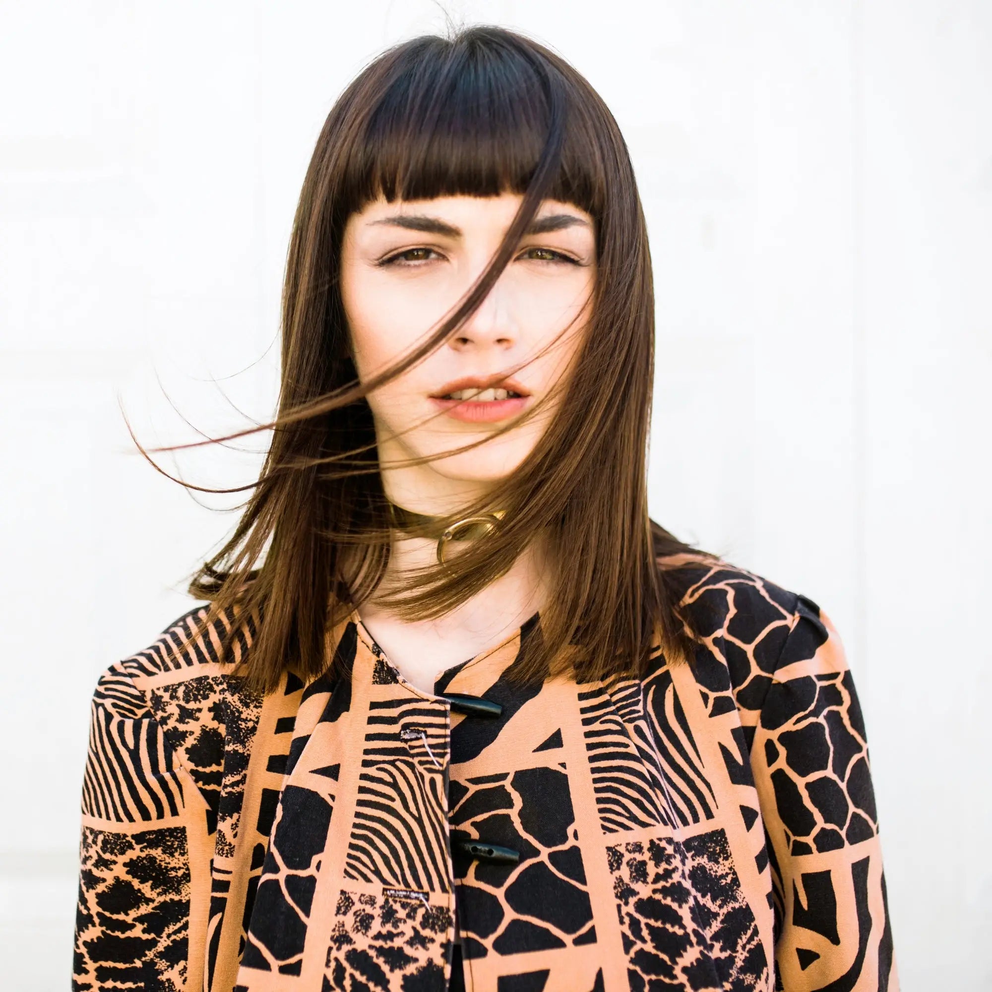 Woman with straight dark hair in an animal print top from Partners Hair Design.