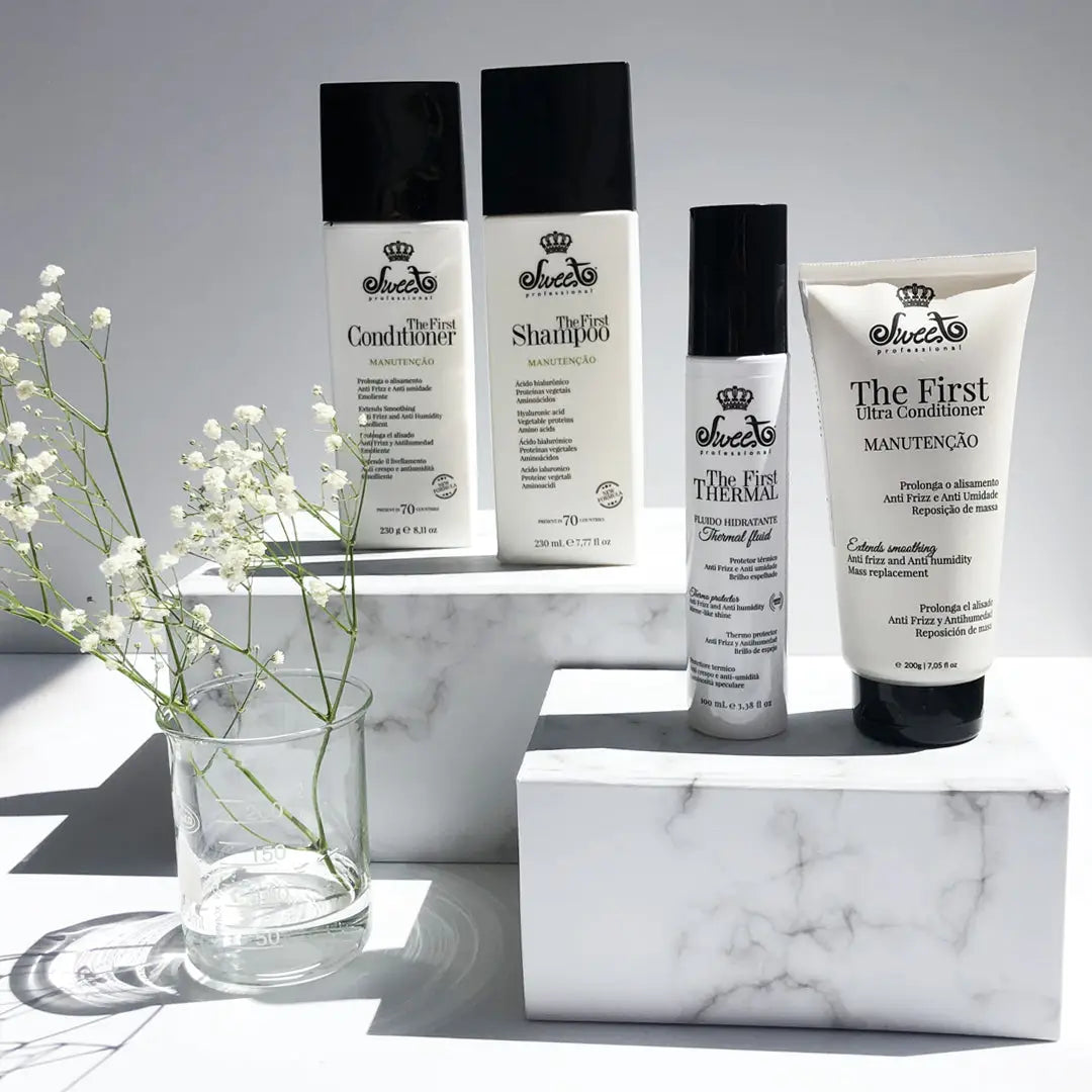 Hair care product line showcasing sulphate-free silver shampoo, conditioner, and styling products.