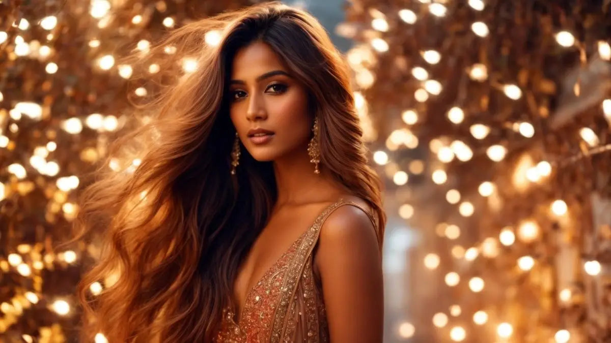 Woman in glittering gold dress showcases salon-quality haircare and high-quality ingredients.