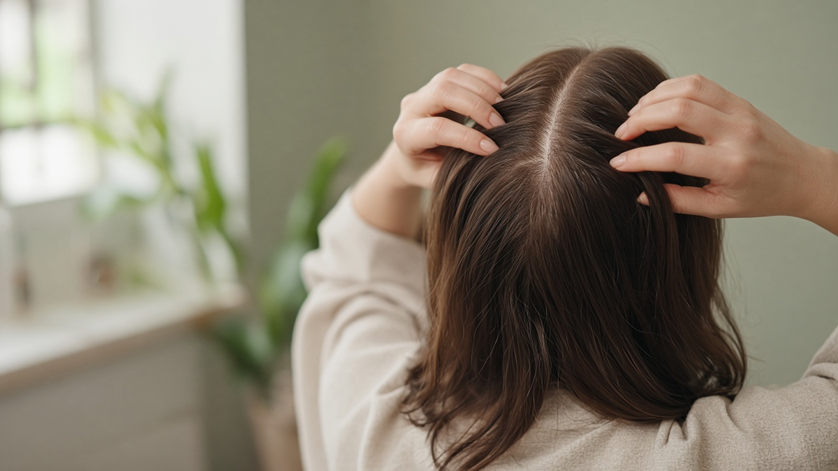 Hands gently parting brown hair to check the scalp, in soft sage and cream tones