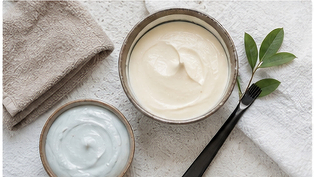 Hydrating hair treatment creams in a clean salon-inspired setting, illustrating moisture care for dry hair.