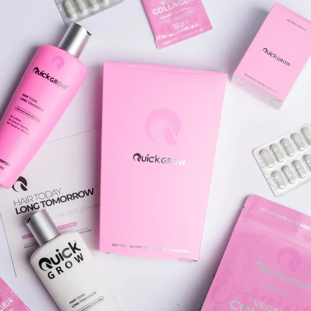 Pink Quickgrow notebook promoting healthy hair growth and tips to stimulate hair.