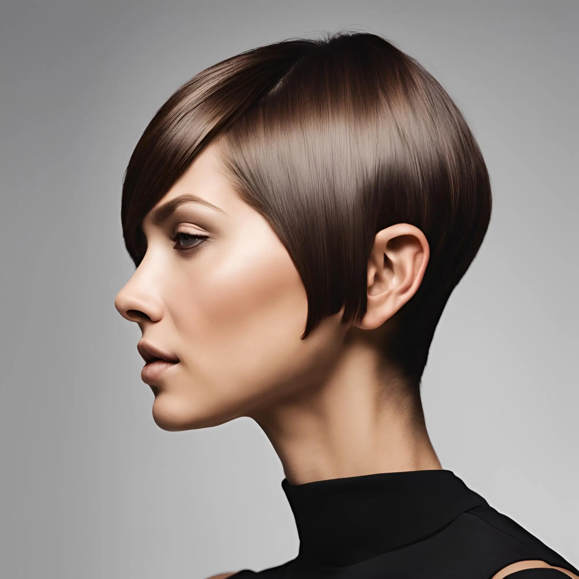 Short hair pixie cut with side-swept bangs, perfect for any face shape and big style.