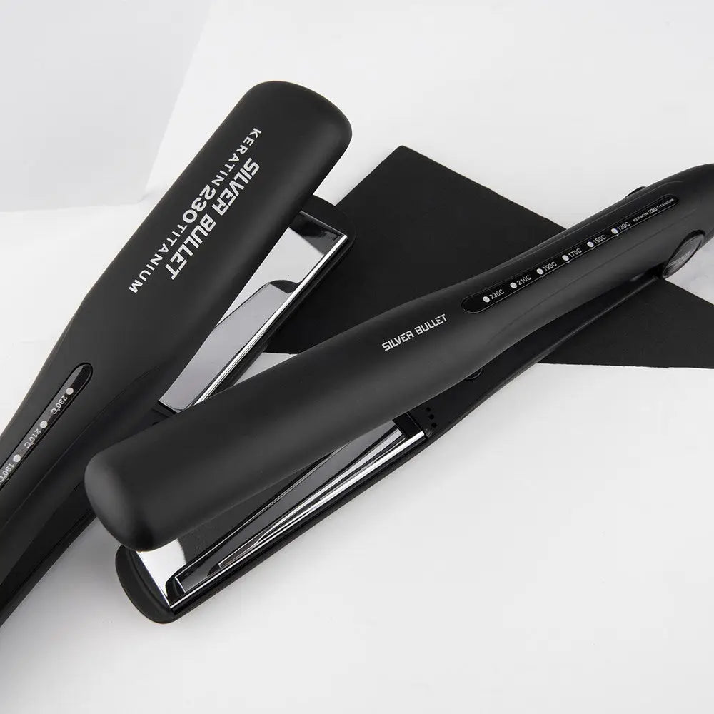 Black hair straightener with sleek design, featured in Silver Bullet Lightning Titanium review.