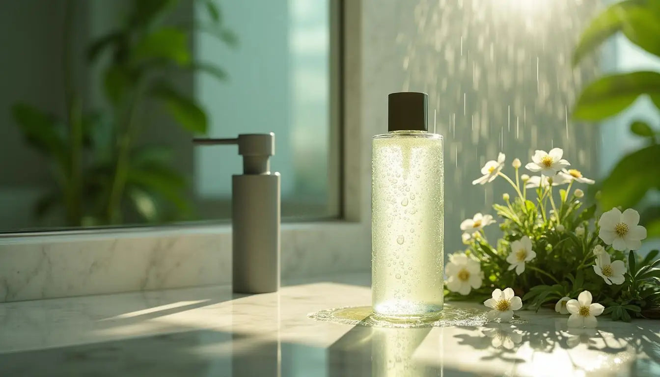 Illuminated glass bottle of sodium-free shampoo for effective hair care solutions