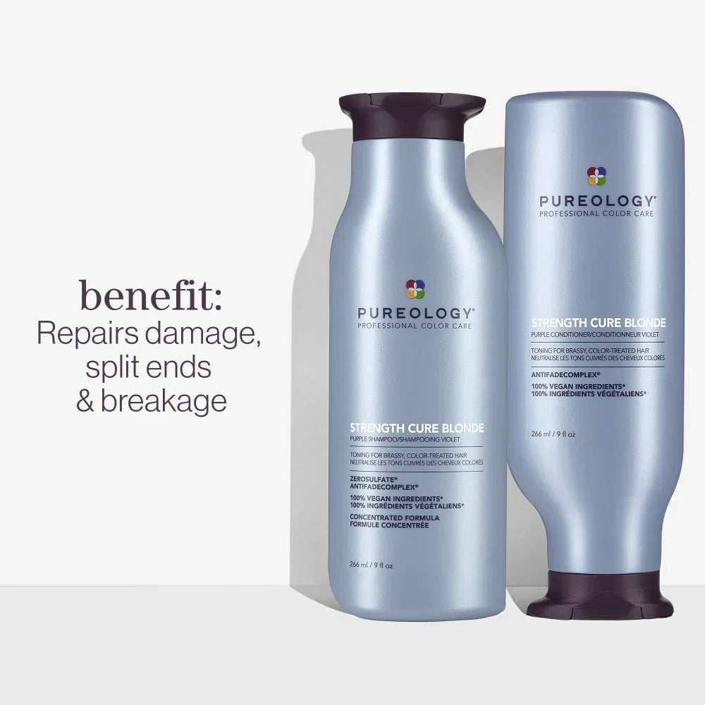 Silver Pureology hair care product bottles for irritated scalp with sulfate-free shampoo and tea tree oil.