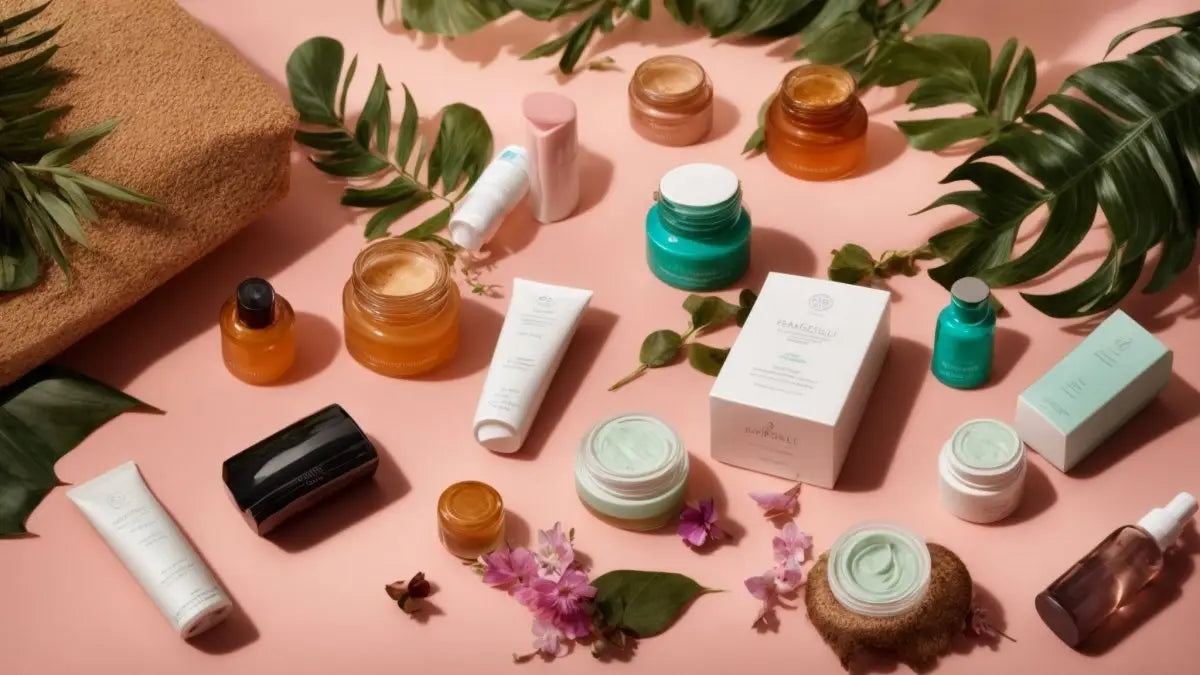 Skincare and beauty products with green leaves and pink flowers in sustainable retail boxes