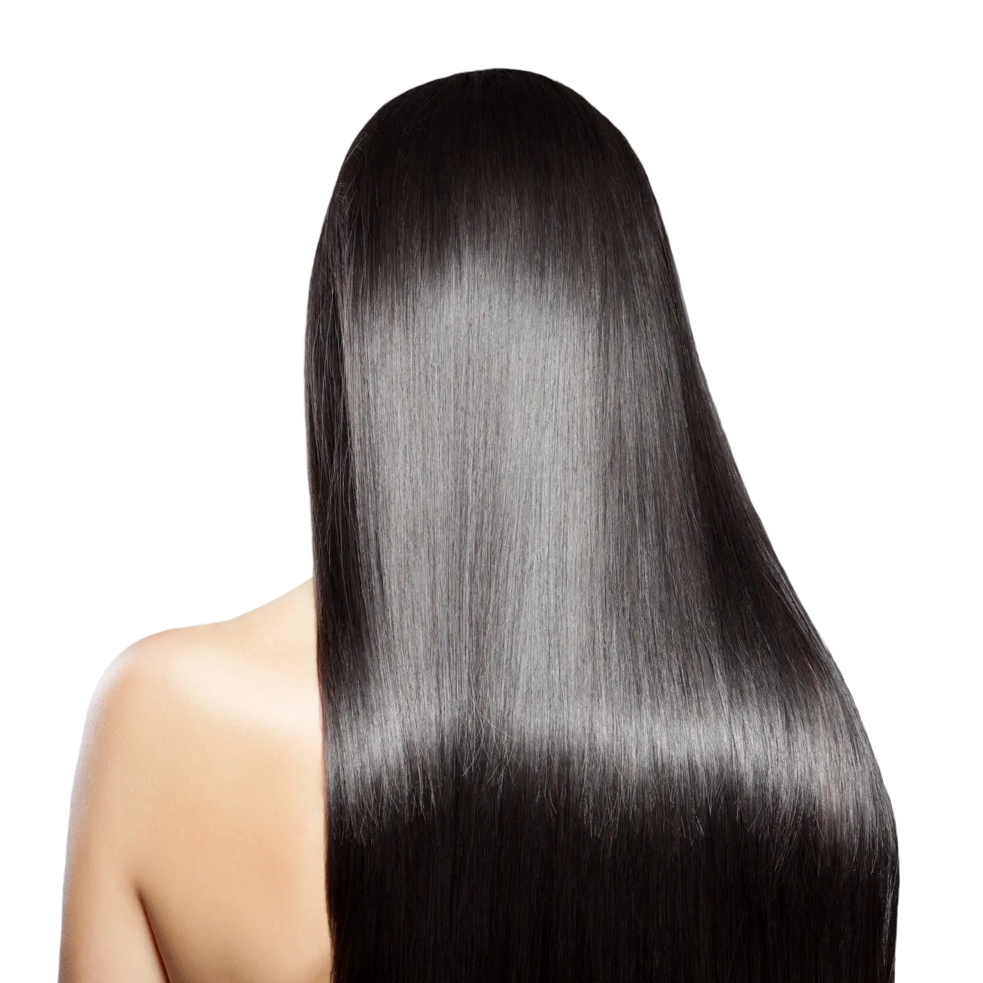 Long, shiny black hair cascading down a back, showcasing Partners Hair Design results.