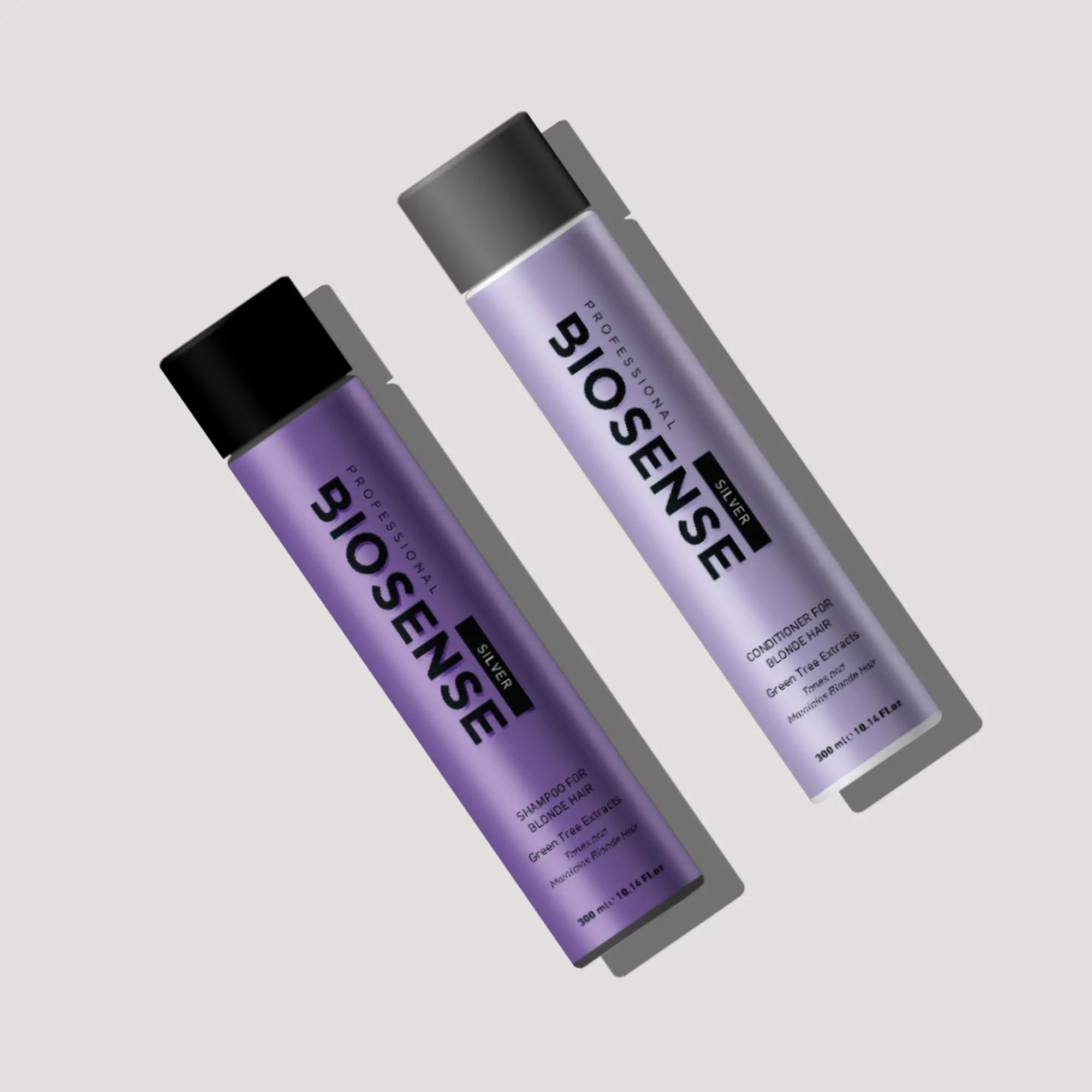 Two purple Biosense hair product bottles for achieving cool blonde hair.