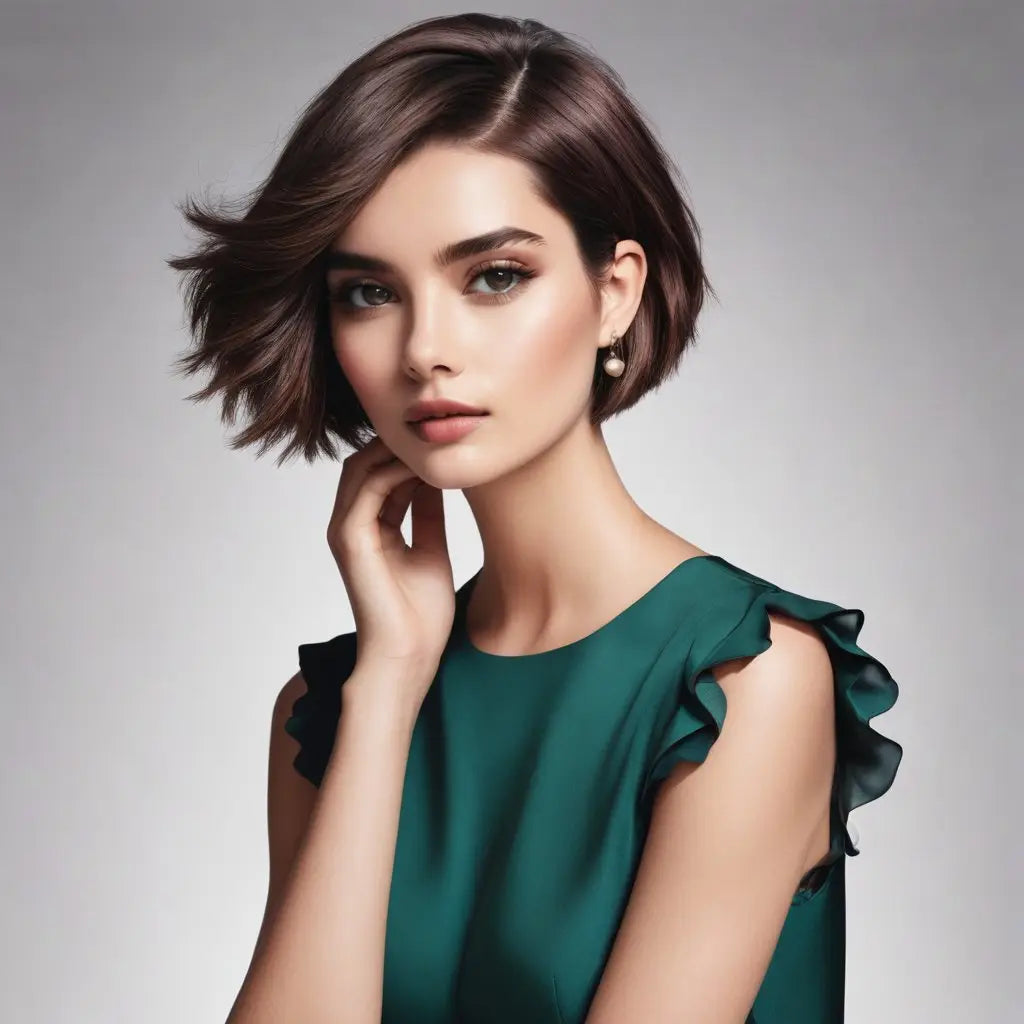 Young woman with short dark hair in green top showcasing must-have hair styling tips.