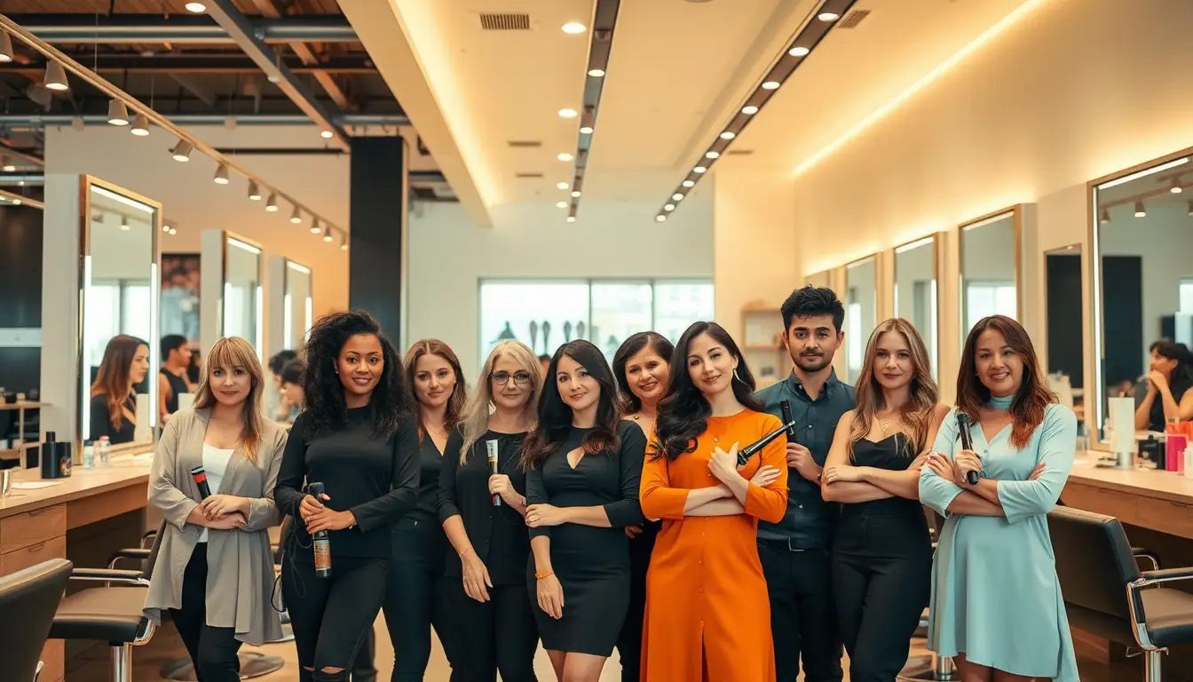 Diverse group of women and one man in a salon showcasing hair care and personal style.