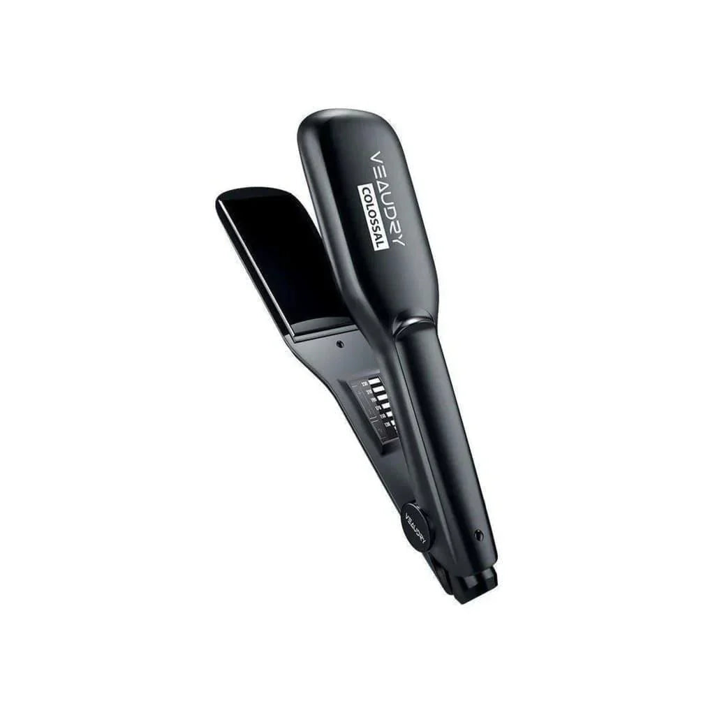 Black hair straightener with wide flat plate design for sleek, frizz-free hair styling