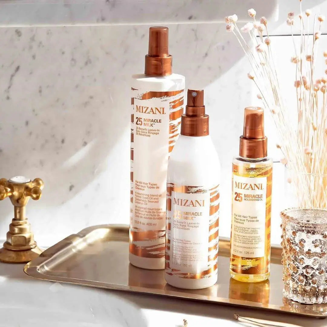 Mizani hair products displayed on a tray to elevate your hair care routine.