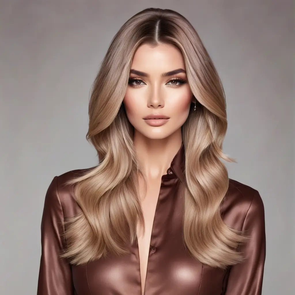 Woman with long blonde hair in a brown leather top showcasing K18 Hair Care technology.