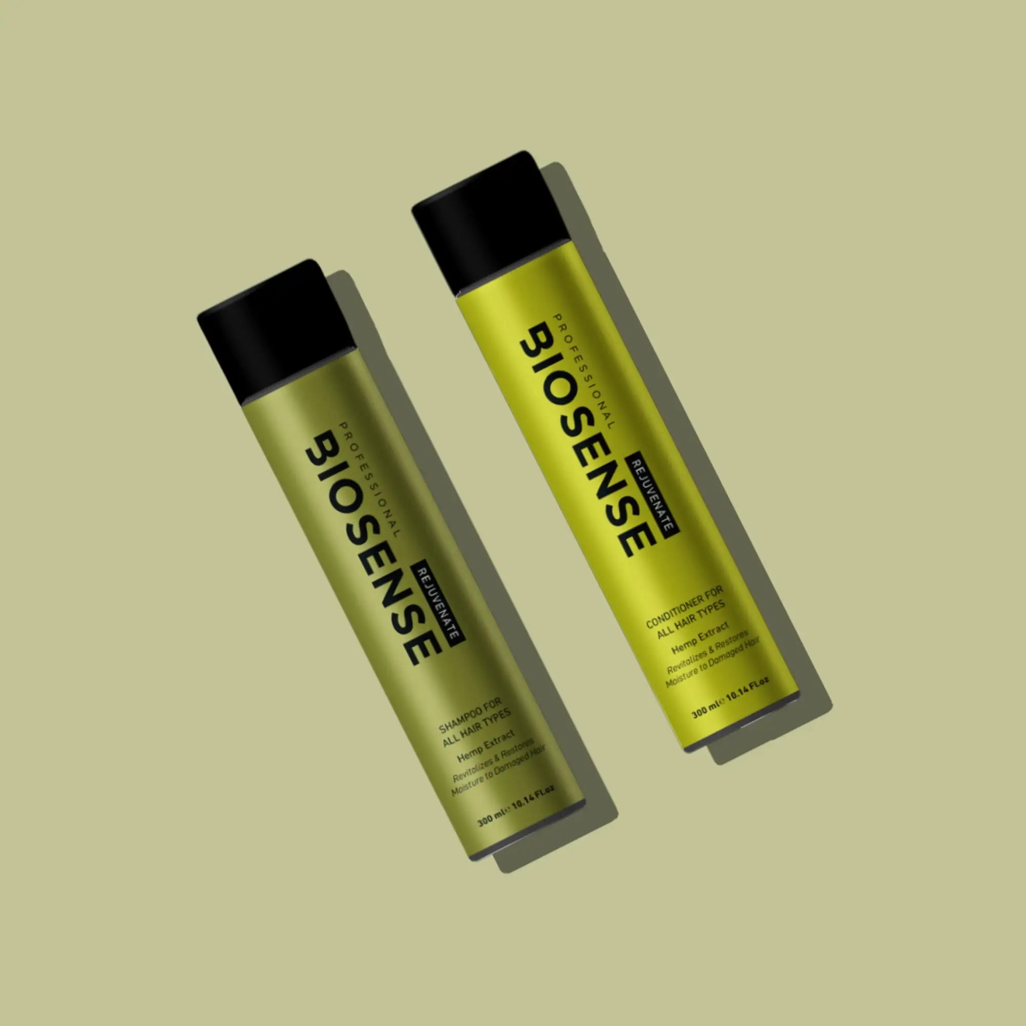 Two Cylindrical Bottles of Biosense Rejuvenate Hair Care for Vibrant Hair