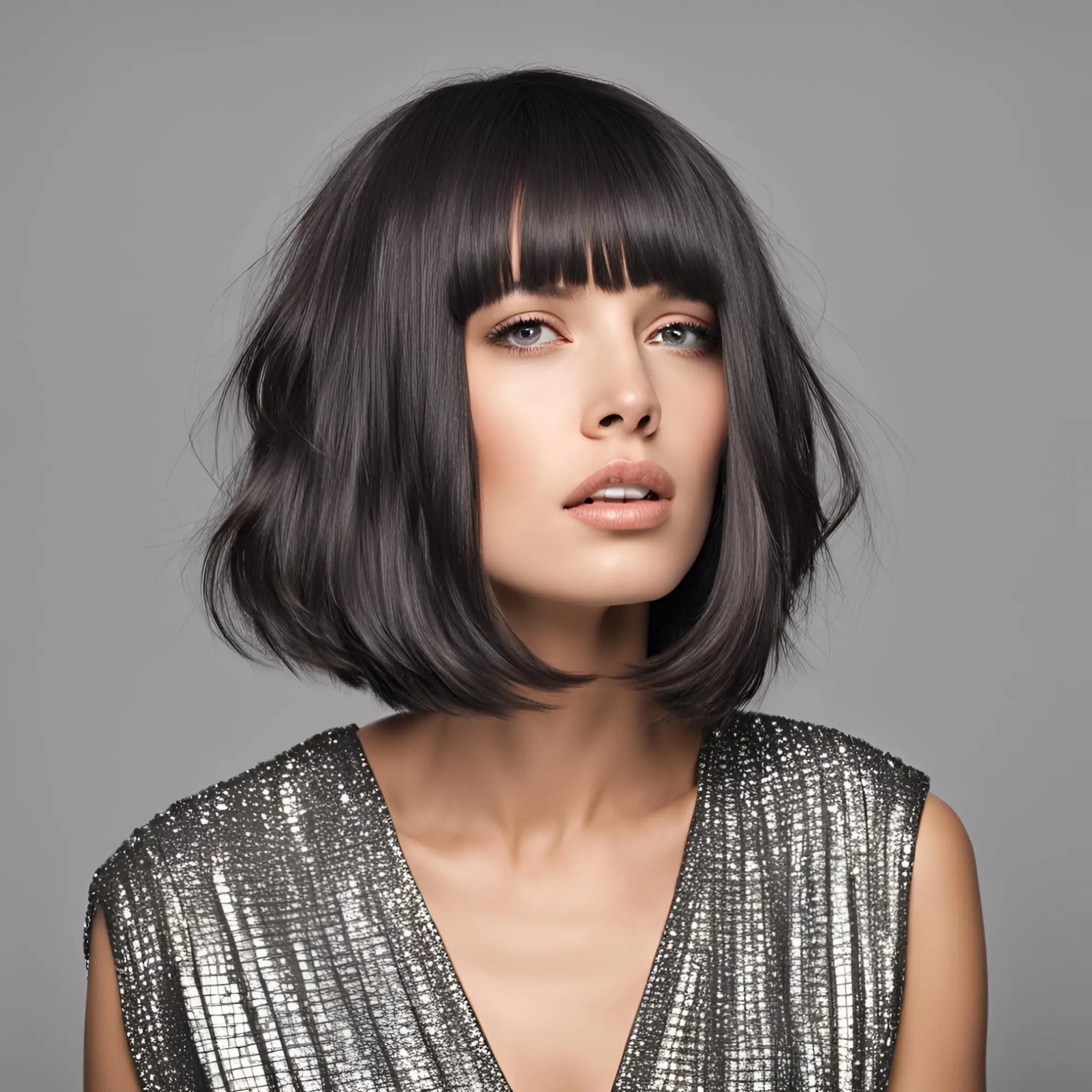 Woman with short dark hair in a shimmering silver top, showcasing volumizing spray style.