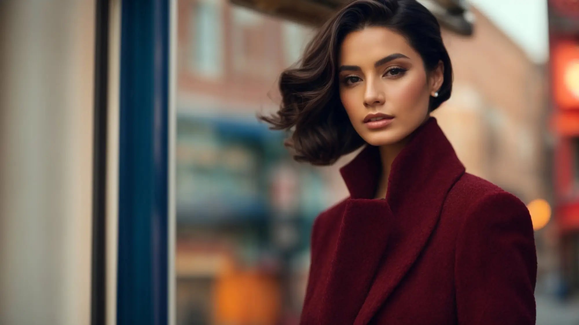 Woman in a burgundy coat with windblown hair showcasing trendy winter hair colors.