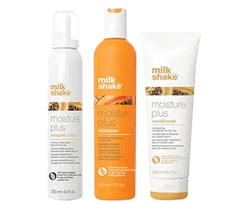 Milkshake Moisture Plus hair products collection display with nourishing shampoo and conditioner
