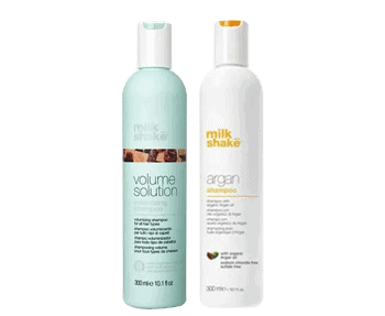 Two Milkshake Volume Solution shampoo bottles for voluminous hair therapy