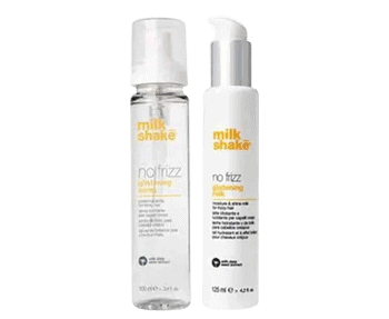 Hair care products from Milkshake No Frizz collection on a shelf