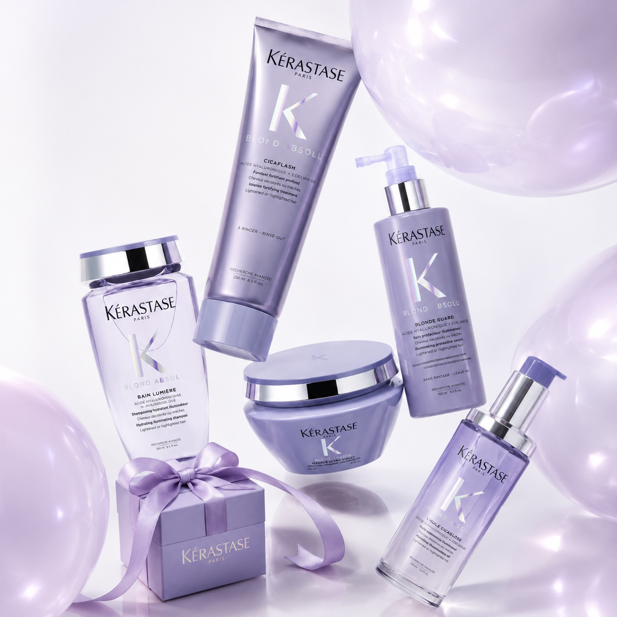 Luxury professional hair care gift set featuring Kérastase Blond Absolu shampoo, mask, serum and blonde treatment products beautifully packaged for gifting in South Africa