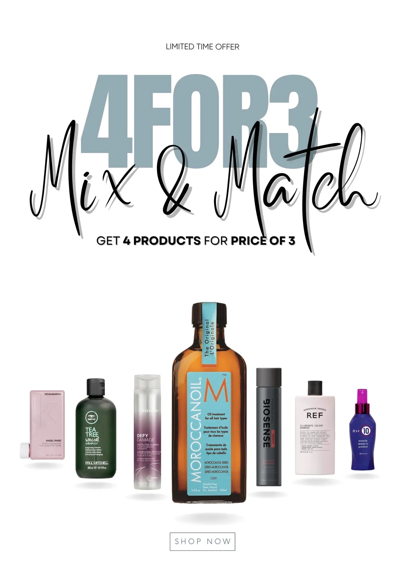 Hair product promotion from the 4FOR3 collection displaying styling essentials
